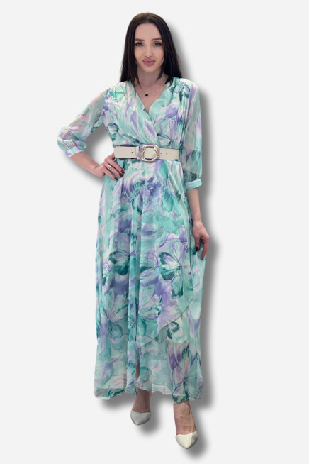 Favori Tekstil çiçek desenli kruvaze yaka şifon kemerli elbise