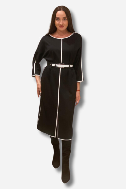 Favori Tekstil çizgili kemer detaylı uzun elbise
