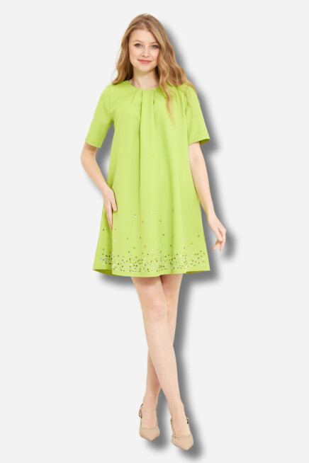 Favori Tekstil Krep Kumaş Etek Ucu Taş İşlemeli Tasarım Mini Elbise
