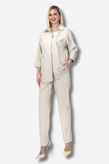 Favori Tekstil taş işlemeli gömlek havuç kesim pantolon ikili takım