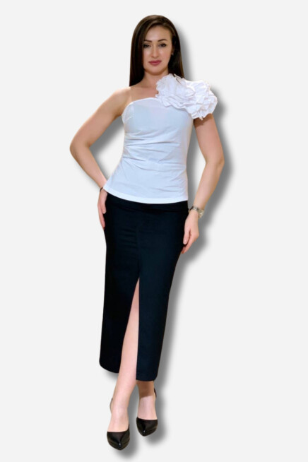Favori Tekstil tek omuz gül aksesuarlı tasarım bluz