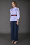 Favori Tekstil kemer detaylı aksesuarlı bluz ve denim bol paça pantolon ikili takım